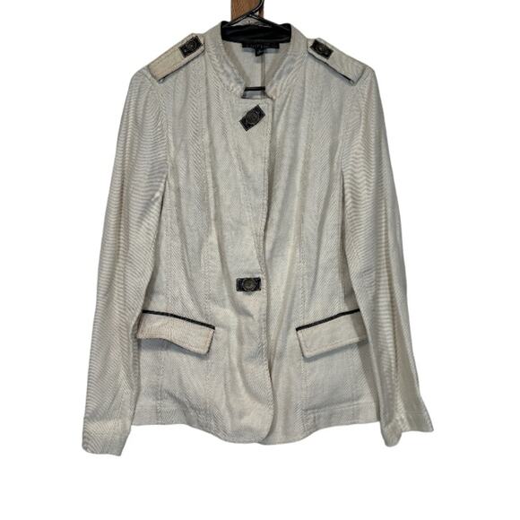 Lafayette 148 Linen Blend Cream Faux Leather Trim Long Sleeve Blazer Jacket 10‎ - Picture 1 of 10